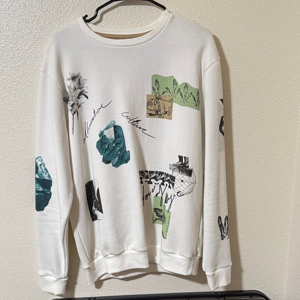 Men's Crewneck Sweater - White with Green and Black Accents